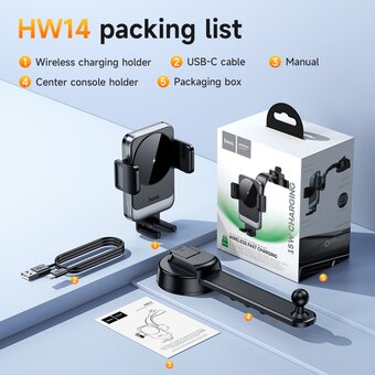  Автомобильный держатель HOCO HW14 Speed wireless fast charging car holder (center console) черный, металик, серый 