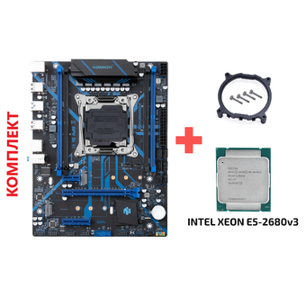  Материнская плата с процессором HUANANZHI X99-QD4+ Intel Xeon E5-2680 v3, Intel X99, Socket2011-3, 4xDDR4, PCI-Ex16, 6SATA3, 5.1-ch, GLAN, 4 USB 3.0, 