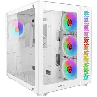  Корпус Ginzzu V570 RGB подсветка, контроллер CRC10, 4* 12RW6 FAN 12CM RGB, закаленное стекло 1*USB 3.0,1*USB 2.0, AU Белый ATX 