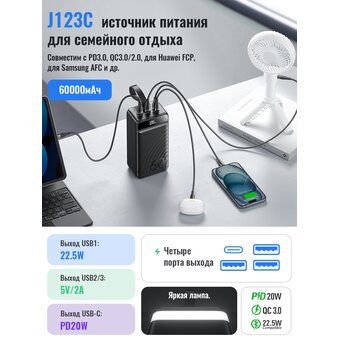  Аккумулятор внешний резервный HOCO J123C Element 22.5W+PD20W fully compatible power bank with digital display 60000mAh (чёрный) 