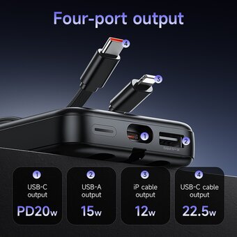  Аккумулятор внешний резервный HOCO J132 Sabio 22.5W+PD20W fully compatible power bank with 3 cables 10000mAh черный 
