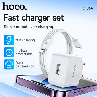  СЗУ HOCO C106A Leisure single port charger+Lightning (EU), (белый) 