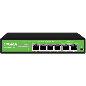  Коммутатор Digma DSP204G-2G-T80 (L2) 6x1Гбит/с 4PoE 4PoE+ 1PoE++ 80W неуправляемый 