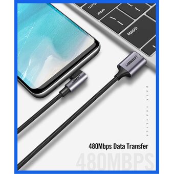  Кабель UGREEN US284 70255 Angled USB-C Male To USB2.0 A Male 3A Data Cable 90°Angle 3m Black 