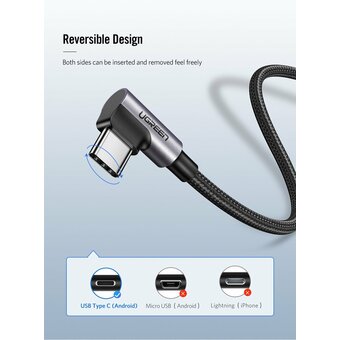  Кабель UGREEN US284 70255 Angled USB-C Male To USB2.0 A Male 3A Data Cable 90°Angle 3m Black 
