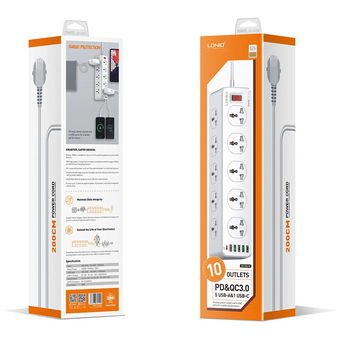  Сетевой удлинитель LDNIO SC10610 (LD_D0426) 2м 10 розеток EU UK US 2500W 6USB QC 3.0+PD 3.0 30W White 