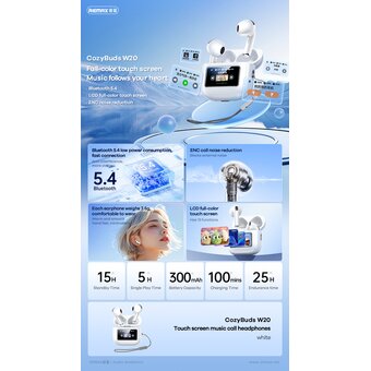  Наушники bluetooth REMAX W20 Touch Screen Music& Calling ENC Earbuds CozyBuds белый 