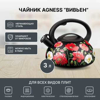  Чайник AGNESS 916-409 Маки 3л 