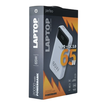  Powerbank Perfeo PF_E1637 Laptop 65W 20000mAh LED дисплей PD+QC 3.0 2Type-C 1 USB, max 65W White 