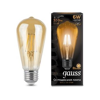  Лампа филаментная GAUSS E27 102802006 эдисон 6Вт ST64 одна шт. 