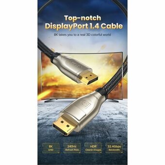  Кабель UGREEN DP112 60842 1.4 DP M/M Round Cable Zinc Alloy Shell with Braided 1m Black 