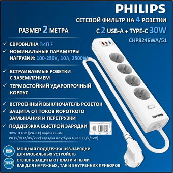  Сетевой фильтр Philips CHP8246WA/51 2м, 4 розетки белый (коробка) 
