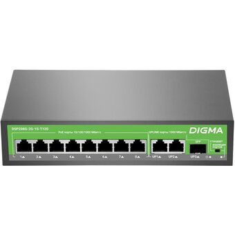  Коммутатор неуправляемый Digma DSP208G-2G-1S-T120 (L2) 10x1Гбит/с 1SFP 8PoE 8PoE+ 120W 
