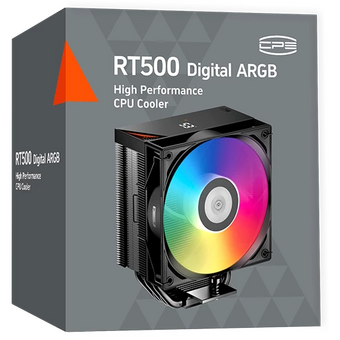  Кулер PcCooler RT500 Digital ARGB BK (240W, 4-pin PWM, LED temp., 152mm, Al/Cu, 5x6mm, 1x120mm, 73.32CFM, 34.9dBA, 2200RPM) 