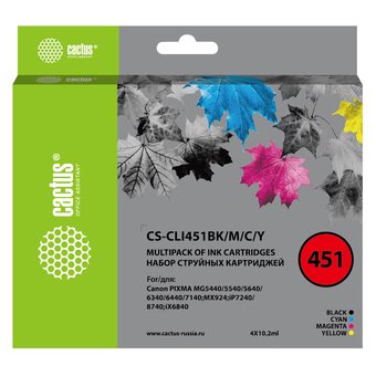  Картридж струйный Cactus CS-CLI451BK/M/C/Y черный/голубой/желтый/пурпурный набор (40.8мл) для Canon MG6340/5440/IP7240 