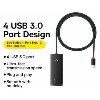  Адаптер/переходник Baseus Lite (WKQX030401) 4-Port Type-C HUB Adapter (Type-C to USB 3.0*4 ) 1m Black 