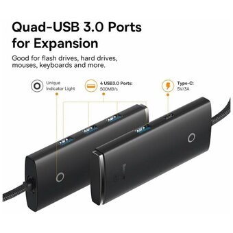  Адаптер/переходник Baseus Lite (WKQX030401) 4-Port Type-C HUB Adapter (Type-C to USB 3.0*4 ) 1m Black 