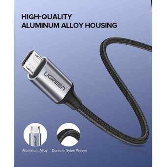  Кабель UGREEN US290 60148 USB 2.0 A to Micro USB Cable Nickel Plating Alu Braid 2m Grey/Black 