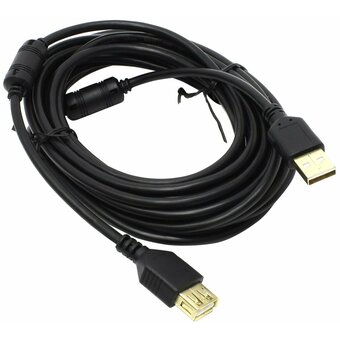  Кабель 5bites UC5011-050A USB2.0, AM/AF, зол.разъемы, ферр.кольца, 5м, черный 