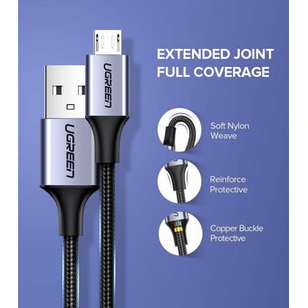  Кабель UGREEN US290 60148 USB 2.0 A to Micro USB Cable Nickel Plating Alu Braid 2m Grey/Black 