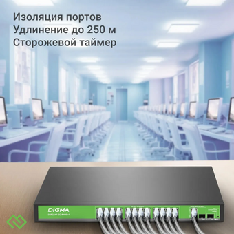  Коммутатор неуправляемый Digma DSP224F-2C-R400 V1 (L2) 24x100Мбит/с 2xКомбо (1000BASE-T/SFP) 24PoE 24PoE+ 400W 