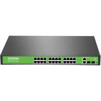  Коммутатор неуправляемый Digma DSP224F-2C-R400 V1 (L2) 24x100Мбит/с 2xКомбо (1000BASE-T/SFP) 24PoE 24PoE+ 400W 
