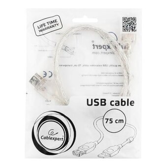  Кабель удлинитель Cablexpert CCF-USB2-AMAF-TR-0.75M USB2.0 Pro, AM/AF, 0,75м, экран, 2 феррит.кольца, прозрачный 
