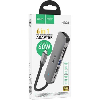  Адаптер HOCO HB28 Type-C multi-function converter (HDTV+USB3.0+USB2.0+SD+TF+PD) серый 