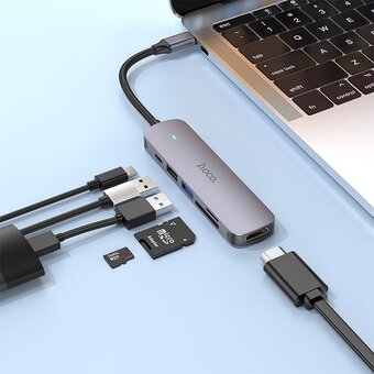  Адаптер HOCO HB28 Type-C multi-function converter (HDTV+USB3.0+USB2.0+SD+TF+PD) серый 