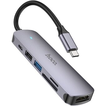  Адаптер HOCO HB28 Type-C multi-function converter (HDTV+USB3.0+USB2.0+SD+TF+PD) серый 