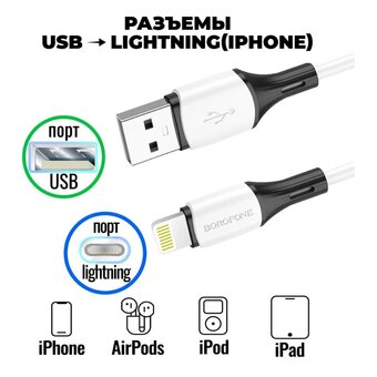  Дата-кабель BOROFONE BX79 silicone charging data cable Lightning 1м (белый) 