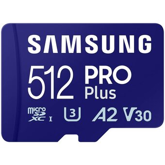  Карта памяти Samsung Pro Plus MB-MD512SA/KR microSDXC 512GB Class 10, A2, V30, UHS-I (U3), W 130 МБ/с, R 180 МБ/с, адаптер на SD 