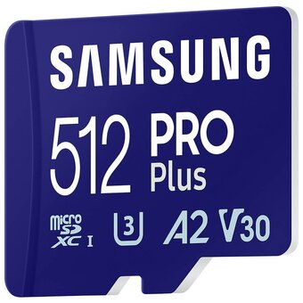  Карта памяти Samsung Pro Plus MB-MD512SA/KR microSDXC 512GB Class 10, A2, V30, UHS-I (U3), W 130 МБ/с, R 180 МБ/с, адаптер на SD 