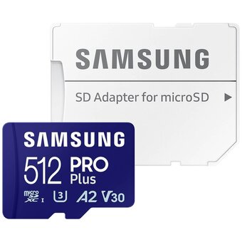  Карта памяти Samsung Pro Plus MB-MD512SA/KR microSDXC 512GB Class 10, A2, V30, UHS-I (U3), W 130 МБ/с, R 180 МБ/с, адаптер на SD 