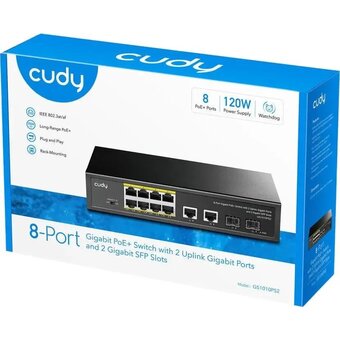  Коммутатор неуправляемый Cudy GS1010PS2 (L2) 10x1Гбит/с 2xКомбо(1000BASE-T/SFP) 2SFP 8PoE 120W 