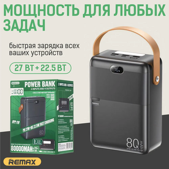  Аккумулятор внешний резервный REMAX RPP-118 Piloteer Series 27W+22.5W PD+QC fast charging power bank 80000mAh черный 