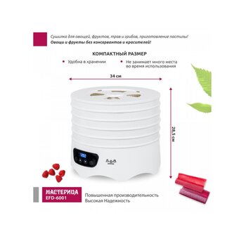  Сушилка для овощей и фруктов Мастерица EFD-6001 5 поддонов + 2 поддона д/пастилы белая 