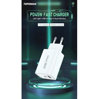 СЗУ TOPOMAX TTC-F203AC PD 45W, QC18W, USB-A, USB-C белый 