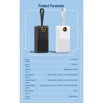  Аккумулятор внешний резервный TOPOMAX TPB-F08 30000mAh, PD22.5W черный 