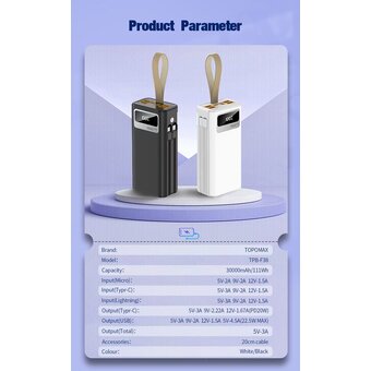  Аккумулятор внешний резервный TOPOMAX TPB-F38 30000mAh, 22.5W QC3.0 черный 