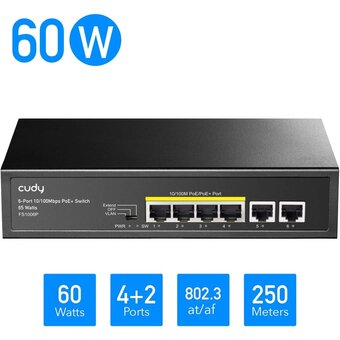  Коммутатор неуправляемый Cudy FS1006P (L2) 6x100Мбит/с 4PoE+ 60W 