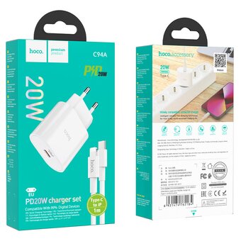  СЗУ HOCO C94A Metro single port PD20W+Type-C to lightning, white 
