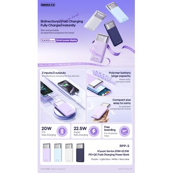  Аккумулятор внешний резервный REMAX RPP-5 Kiyuan Series 20W+22.5W PD+QC Fast Charging Power Bank 10000mAh белый 