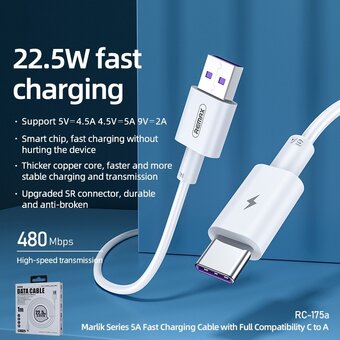  Дата-кабель REMAX RC-175a Marlik Series 6A Fast-charging Cable with Fully CampatibilityType-C 1м White 