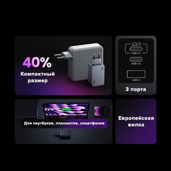  СЗУ UGREEN X757 (25874) Nexode Pro 100W USB-A+2*USB-C GaN Tech Fast Charger EU + 1M 100W cable Grey 