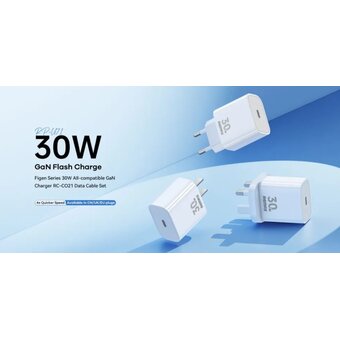  СЗУ REMAX RP-U71 Figen Series 30W All-compatible GaN Charger+ RC-CO21 Data Cable Set EU White 