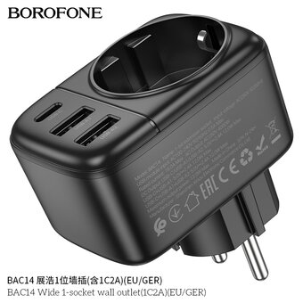  Переходник сетевой BOROFONE BAC14 Wide 1-socket wall outlet 1C2Ab черный 