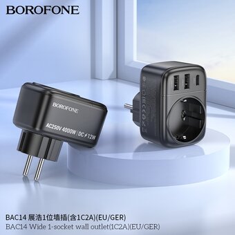  Переходник сетевой BOROFONE BAC14 Wide 1-socket wall outlet 1C2Ab черный 