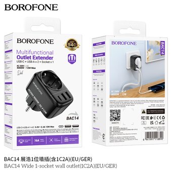  Переходник сетевой BOROFONE BAC14 Wide 1-socket wall outlet 1C2Ab черный 