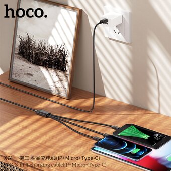  Дата-кабель Hoco X74 3-in-1 charging cable (iP+Micro+Type-C) чёрный 
